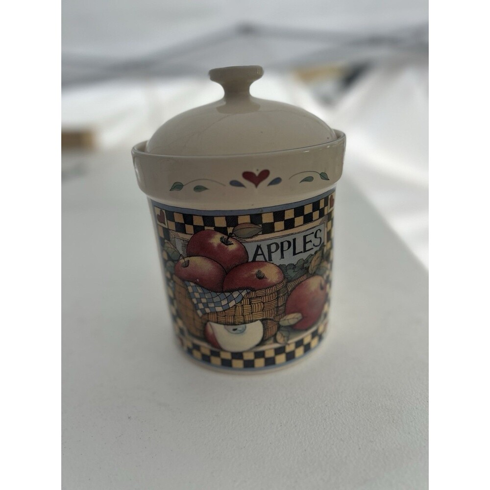 Vintage Susan Winget Cookie Jar Fruit Apples Canister Lidded Checkered 90s